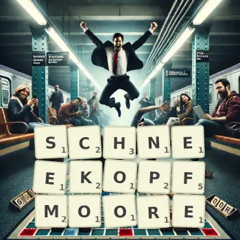 Kreative Illustration für ein Scrabble-Spiel, bei dem das Wort SCHNEEKOPFMOORE mit Steinen auf dem Brett gelegt wurde.