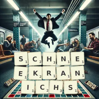 Kreative Illustration für ein Scrabble-Spiel, bei dem das Wort SCHNEEKRANICHS mit Steinen auf dem Brett gelegt wurde.