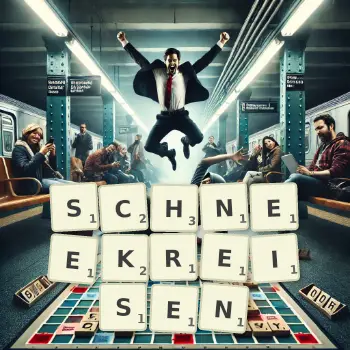 Kreative Illustration für ein Scrabble-Spiel, bei dem das Wort SCHNEEKREISEN mit Steinen auf dem Brett gelegt wurde.