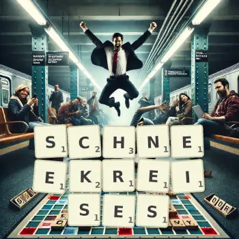 Kreative Illustration für ein Scrabble-Spiel, bei dem das Wort SCHNEEKREISES mit Steinen auf dem Brett gelegt wurde.