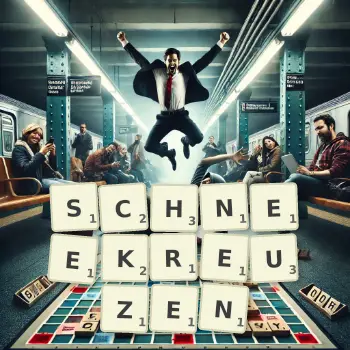 Kreative Illustration für ein Scrabble-Spiel, bei dem das Wort SCHNEEKREUZEN mit Steinen auf dem Brett gelegt wurde.