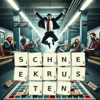 Kreative Illustration für ein Scrabble-Spiel, bei dem das Wort SCHNEEKRUSTEN mit Steinen auf dem Brett gelegt wurde.