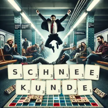 Kreative Illustration für ein Scrabble-Spiel, bei dem das Wort SCHNEEKUNDE mit Steinen auf dem Brett gelegt wurde.