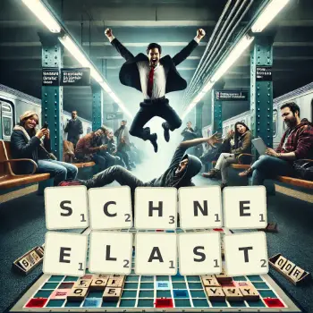 Kreative Illustration für ein Scrabble-Spiel, bei dem das Wort SCHNEELAST mit Steinen auf dem Brett gelegt wurde.