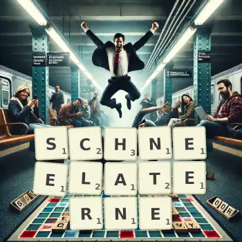 Kreative Illustration für ein Scrabble-Spiel, bei dem das Wort SCHNEELATERNE mit Steinen auf dem Brett gelegt wurde.