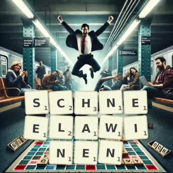 Kreative Illustration für ein Scrabble-Spiel, bei dem das Wort SCHNEELAWINEN mit Steinen auf dem Brett gelegt wurde.