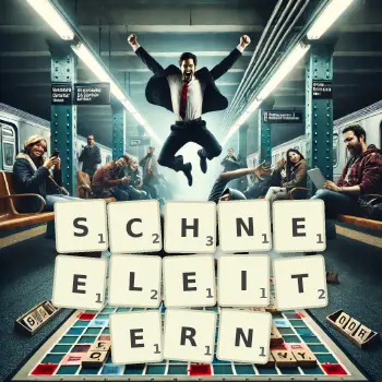 Kreative Illustration für ein Scrabble-Spiel, bei dem das Wort SCHNEELEITERN mit Steinen auf dem Brett gelegt wurde.