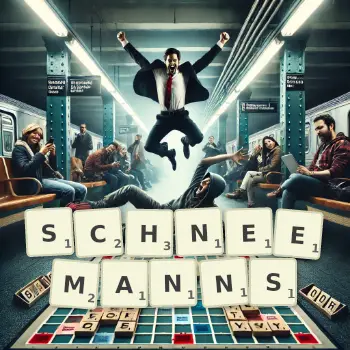 Kreative Illustration für ein Scrabble-Spiel, bei dem das Wort SCHNEEMANNS mit Steinen auf dem Brett gelegt wurde.