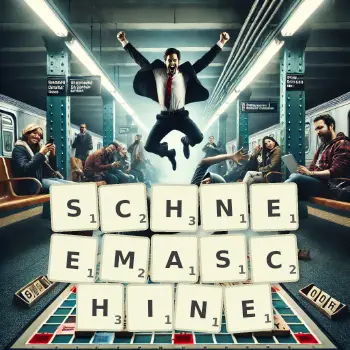 Kreative Illustration für ein Scrabble-Spiel, bei dem das Wort SCHNEEMASCHINE mit Steinen auf dem Brett gelegt wurde.