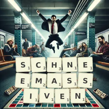 Kreative Illustration für ein Scrabble-Spiel, bei dem das Wort SCHNEEMASSIVEN mit Steinen auf dem Brett gelegt wurde.