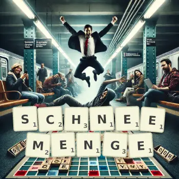 Kreative Illustration für ein Scrabble-Spiel, bei dem das Wort SCHNEEMENGE mit Steinen auf dem Brett gelegt wurde.