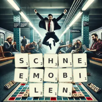 Kreative Illustration für ein Scrabble-Spiel, bei dem das Wort SCHNEEMOBILEN mit Steinen auf dem Brett gelegt wurde.