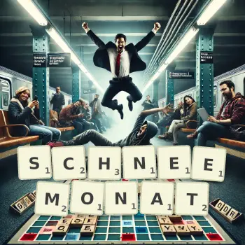 Kreative Illustration für ein Scrabble-Spiel, bei dem das Wort SCHNEEMONAT mit Steinen auf dem Brett gelegt wurde.