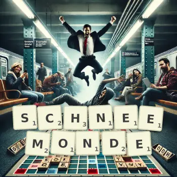 Kreative Illustration für ein Scrabble-Spiel, bei dem das Wort SCHNEEMONDE mit Steinen auf dem Brett gelegt wurde.