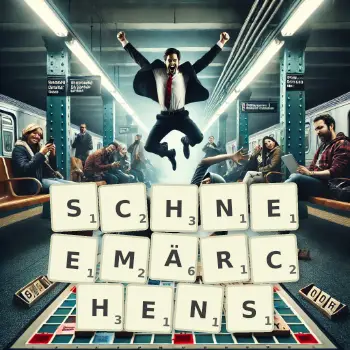 Kreative Illustration für ein Scrabble-Spiel, bei dem das Wort SCHNEEMÄRCHENS mit Steinen auf dem Brett gelegt wurde.