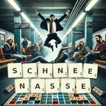 Kreative Illustration für ein Scrabble-Spiel, bei dem das Wort SCHNEENASSE mit Steinen auf dem Brett gelegt wurde.