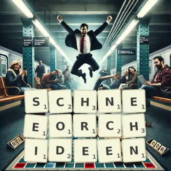 Kreative Illustration für ein Scrabble-Spiel, bei dem das Wort SCHNEEORCHIDEEN mit Steinen auf dem Brett gelegt wurde.
