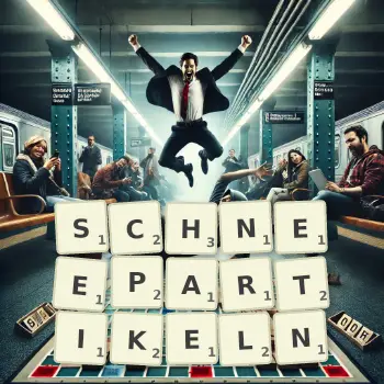 Kreative Illustration für ein Scrabble-Spiel, bei dem das Wort SCHNEEPARTIKELN mit Steinen auf dem Brett gelegt wurde.