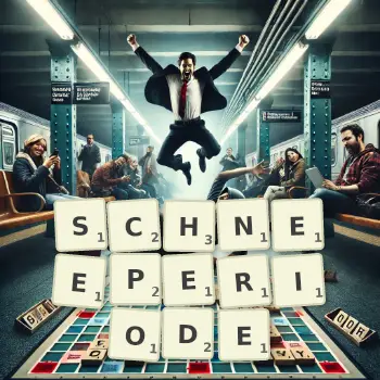 Kreative Illustration für ein Scrabble-Spiel, bei dem das Wort SCHNEEPERIODE mit Steinen auf dem Brett gelegt wurde.