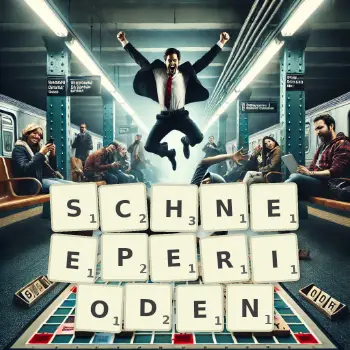 Kreative Illustration für ein Scrabble-Spiel, bei dem das Wort SCHNEEPERIODEN mit Steinen auf dem Brett gelegt wurde.