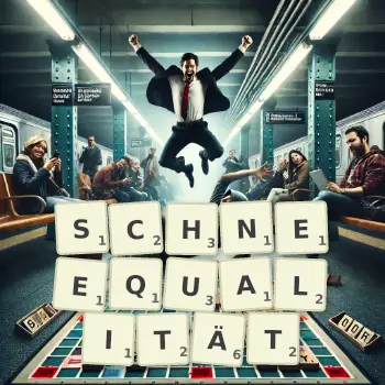 Kreative Illustration für ein Scrabble-Spiel, bei dem das Wort SCHNEEQUALITÄT mit Steinen auf dem Brett gelegt wurde.