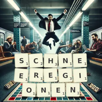 Kreative Illustration für ein Scrabble-Spiel, bei dem das Wort SCHNEEREGIONEN mit Steinen auf dem Brett gelegt wurde.