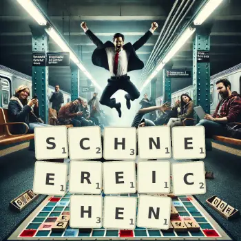 Kreative Illustration für ein Scrabble-Spiel, bei dem das Wort SCHNEEREICHEN mit Steinen auf dem Brett gelegt wurde.