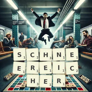 Kreative Illustration für ein Scrabble-Spiel, bei dem das Wort SCHNEEREICHER mit Steinen auf dem Brett gelegt wurde.