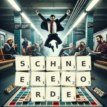 Kreative Illustration für ein Scrabble-Spiel, bei dem das Wort SCHNEEREKORDE mit Steinen auf dem Brett gelegt wurde.