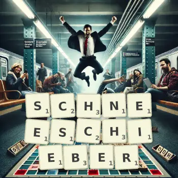 Kreative Illustration für ein Scrabble-Spiel, bei dem das Wort SCHNEESCHIEBER mit Steinen auf dem Brett gelegt wurde.