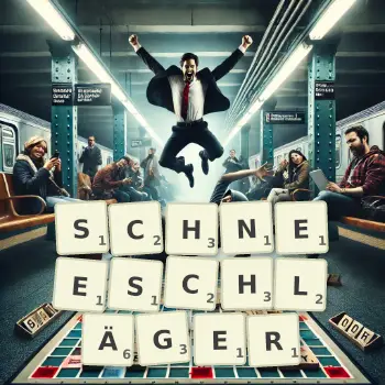 Kreative Illustration für ein Scrabble-Spiel, bei dem das Wort SCHNEESCHLÄGER mit Steinen auf dem Brett gelegt wurde.