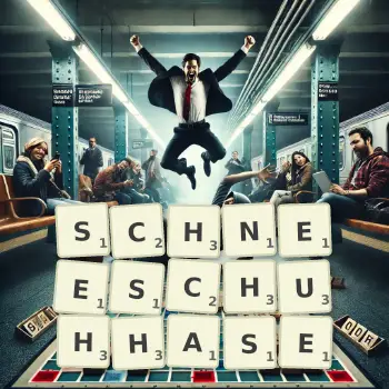 Kreative Illustration für ein Scrabble-Spiel, bei dem das Wort SCHNEESCHUHHASE mit Steinen auf dem Brett gelegt wurde.