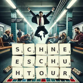 Kreative Illustration für ein Scrabble-Spiel, bei dem das Wort SCHNEESCHUHTOUR mit Steinen auf dem Brett gelegt wurde.