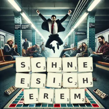 Kreative Illustration für ein Scrabble-Spiel, bei dem das Wort SCHNEESICHEREM mit Steinen auf dem Brett gelegt wurde.