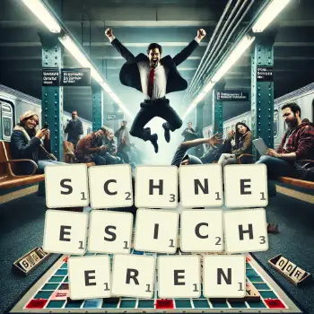 Kreative Illustration für ein Scrabble-Spiel, bei dem das Wort SCHNEESICHEREN mit Steinen auf dem Brett gelegt wurde.
