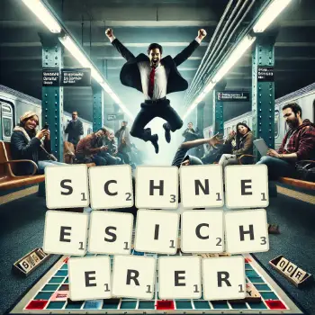 Kreative Illustration für ein Scrabble-Spiel, bei dem das Wort SCHNEESICHERER mit Steinen auf dem Brett gelegt wurde.