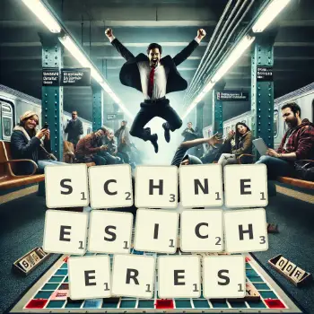 Kreative Illustration für ein Scrabble-Spiel, bei dem das Wort SCHNEESICHERES mit Steinen auf dem Brett gelegt wurde.