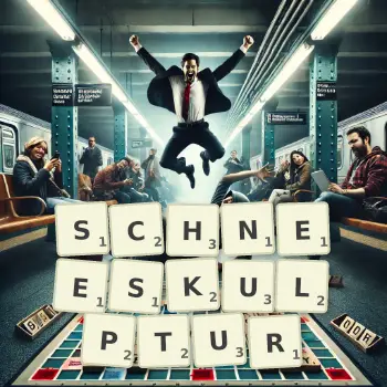 Kreative Illustration für ein Scrabble-Spiel, bei dem das Wort SCHNEESKULPTUR mit Steinen auf dem Brett gelegt wurde.