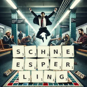 Kreative Illustration für ein Scrabble-Spiel, bei dem das Wort SCHNEESPERLING mit Steinen auf dem Brett gelegt wurde.