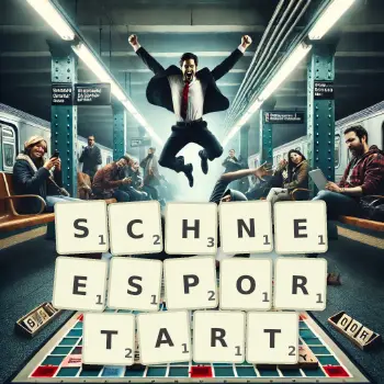 Kreative Illustration für ein Scrabble-Spiel, bei dem das Wort SCHNEESPORTART mit Steinen auf dem Brett gelegt wurde.