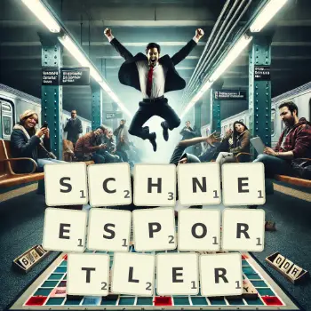Kreative Illustration für ein Scrabble-Spiel, bei dem das Wort SCHNEESPORTLER mit Steinen auf dem Brett gelegt wurde.