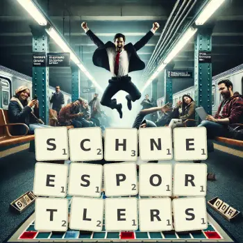 Kreative Illustration für ein Scrabble-Spiel, bei dem das Wort SCHNEESPORTLERS mit Steinen auf dem Brett gelegt wurde.