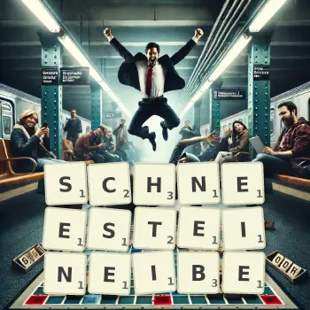 Kreative Illustration für ein Scrabble-Spiel, bei dem das Wort SCHNEESTEINEIBE mit Steinen auf dem Brett gelegt wurde.