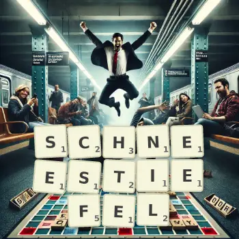 Kreative Illustration für ein Scrabble-Spiel, bei dem das Wort SCHNEESTIEFEL mit Steinen auf dem Brett gelegt wurde.