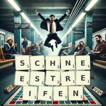 Kreative Illustration für ein Scrabble-Spiel, bei dem das Wort SCHNEESTREIFEN mit Steinen auf dem Brett gelegt wurde.