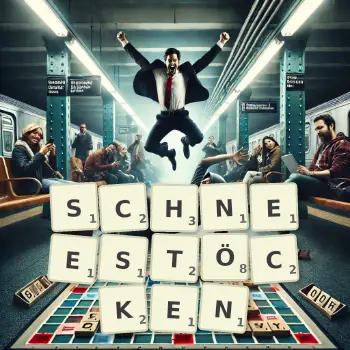 Kreative Illustration für ein Scrabble-Spiel, bei dem das Wort SCHNEESTÖCKEN mit Steinen auf dem Brett gelegt wurde.