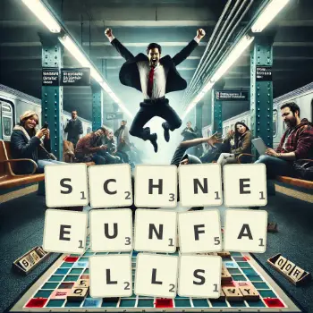 Kreative Illustration für ein Scrabble-Spiel, bei dem das Wort SCHNEEUNFALLS mit Steinen auf dem Brett gelegt wurde.