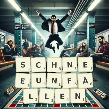 Kreative Illustration für ein Scrabble-Spiel, bei dem das Wort SCHNEEUNFÄLLEN mit Steinen auf dem Brett gelegt wurde.