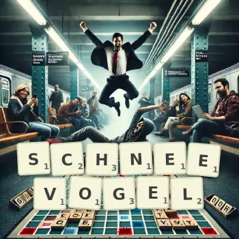 Kreative Illustration für ein Scrabble-Spiel, bei dem das Wort SCHNEEVOGEL mit Steinen auf dem Brett gelegt wurde.