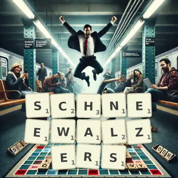 Kreative Illustration für ein Scrabble-Spiel, bei dem das Wort SCHNEEWALZERS mit Steinen auf dem Brett gelegt wurde.